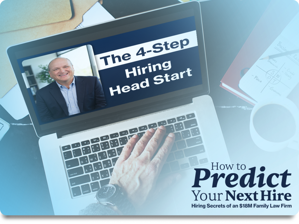 Laptop screen shows a course cover that reads 'The 4-Step Hiring Head Start' with a photo of a smiling man, promoting hiring strategies for a law firm.