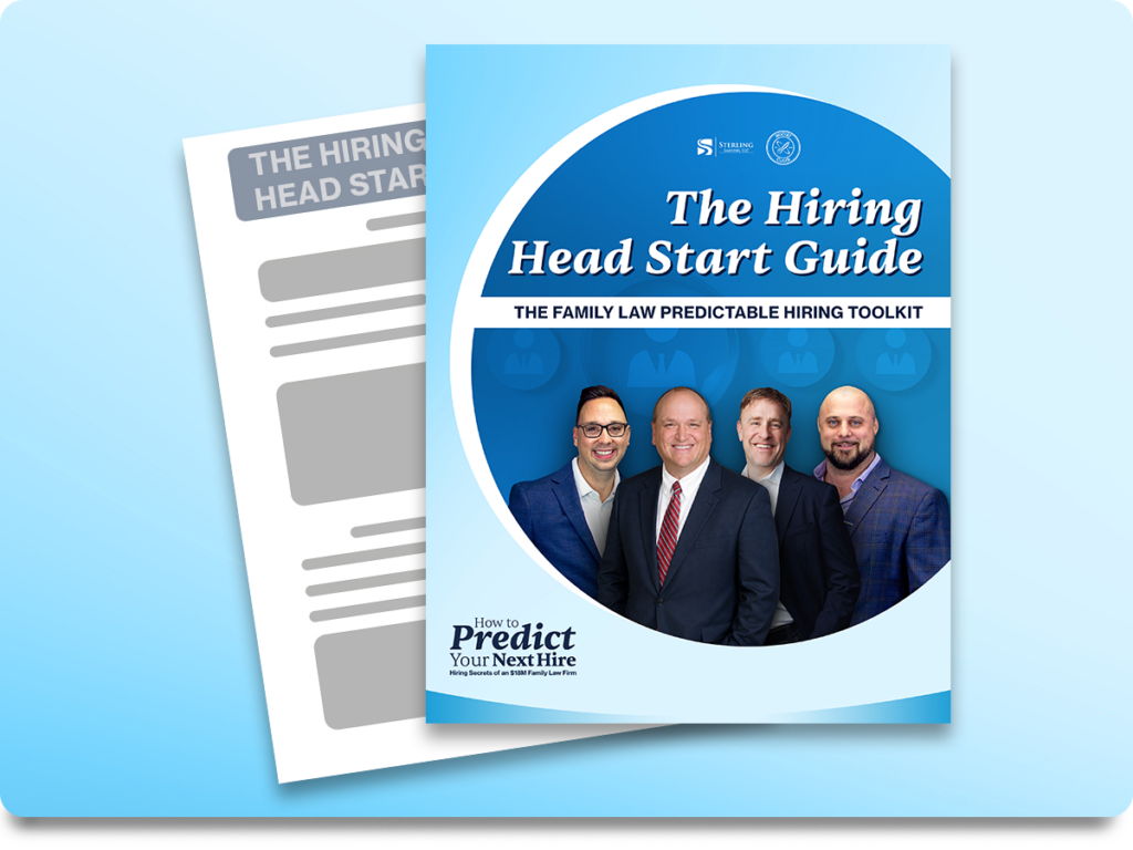 Book cover titled The Hiring Head Start Guide with four men in suits on a blue background.
