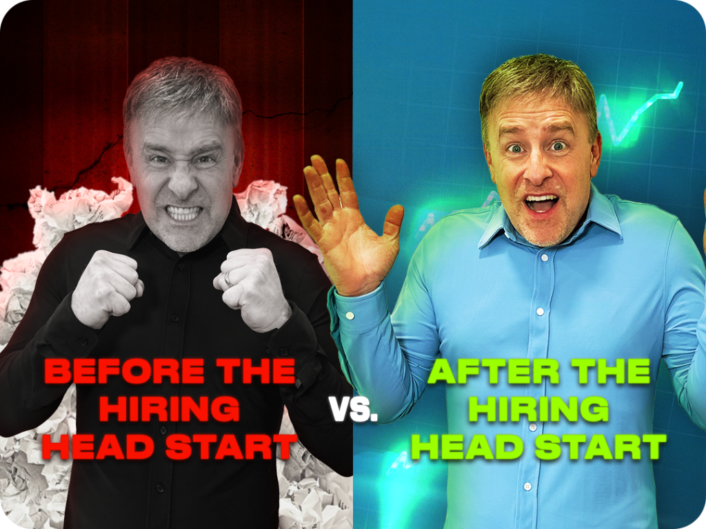 Split-screen: left side shows an angry man with red background and 'Before the Hiring Head Start' text; right side shows a surprised man with blue background and 'After the Hiring Head Start' text, with 'VS.' between them.