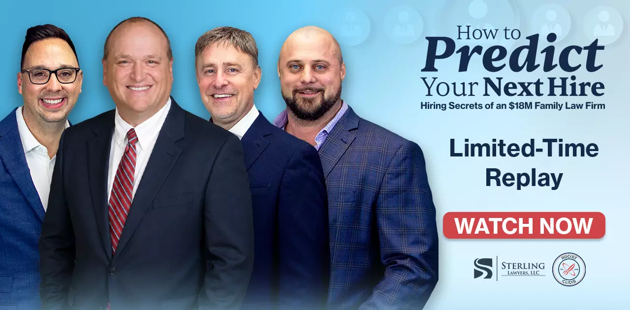 Promo banner with four men in suits against a blue gradient, advertising 'How to Predict Your Next Hire' and a 'Watch Now' button for a limited-time replay of hiring secrets.