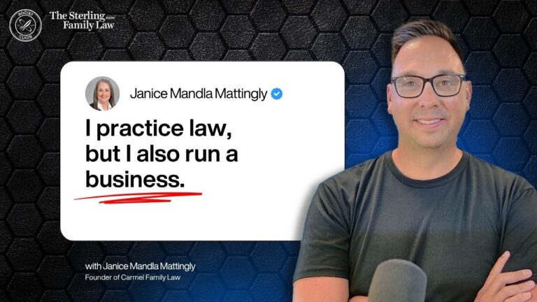 Video thumbnail promoting a podcast: quote reads 'I practice law, but I also run a business' with Janice Mandla Mattingly's profile image, branding, and a microphone on a dark hexagonal background.