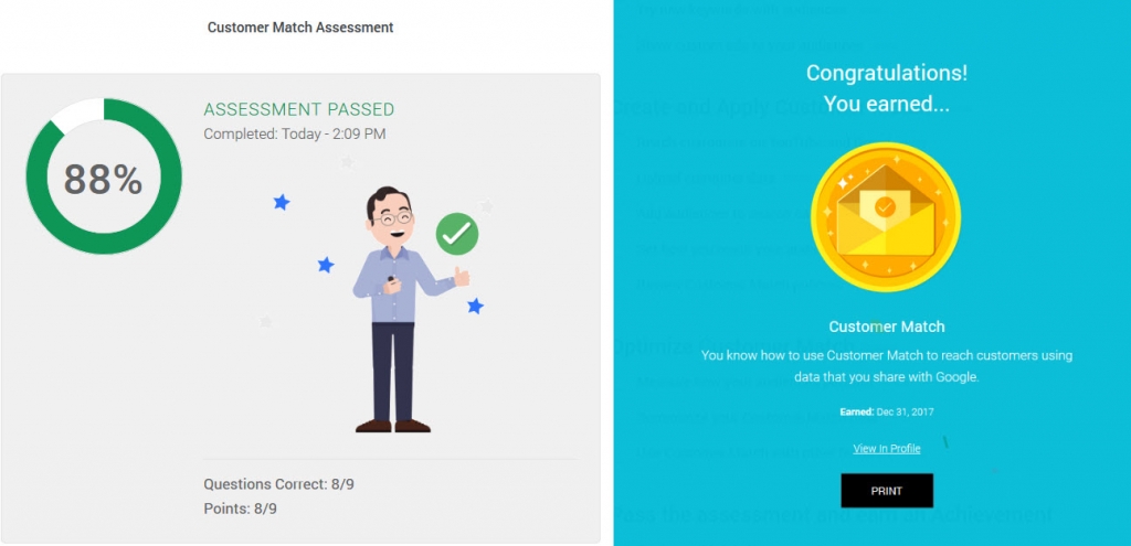 screenshot of academy for ads assessment completion