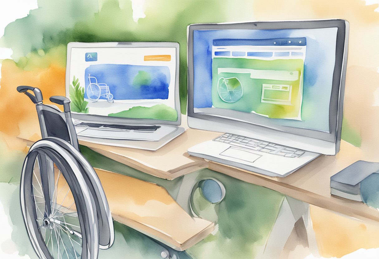 A computer screen displaying a website with clear, easy-to-navigate buttons and text, accompanied by an icon of a wheelchair to indicate accessibility compliance