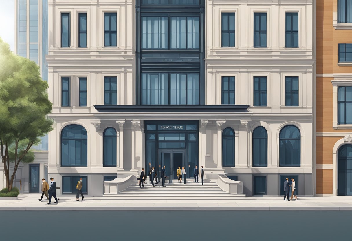 A law firm's logo displayed prominently on a building facade, with a line of well-dressed professionals entering and exiting the building