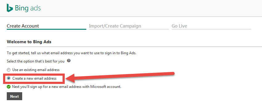 screenshot of creating an account with bing ads