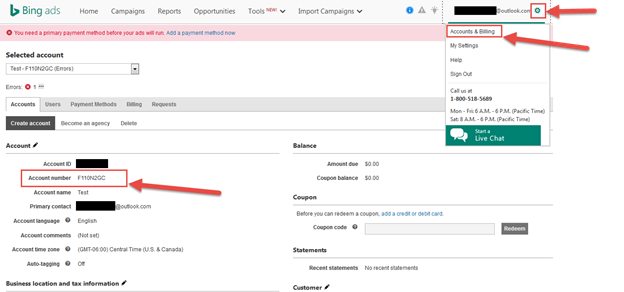 screenshot of bing ads account settings