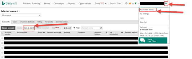screenshot of bing ads agency link to client