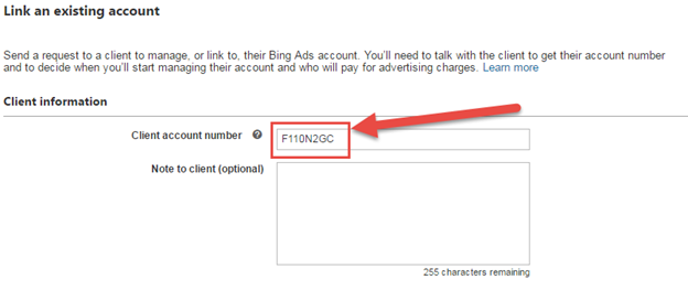 screenshot of bing ads agency client account number field