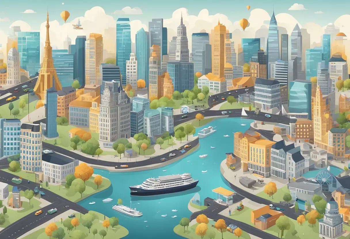 A city skyline with various landmarks and businesses, surrounded by maps, social media icons, and targeted marketing materials