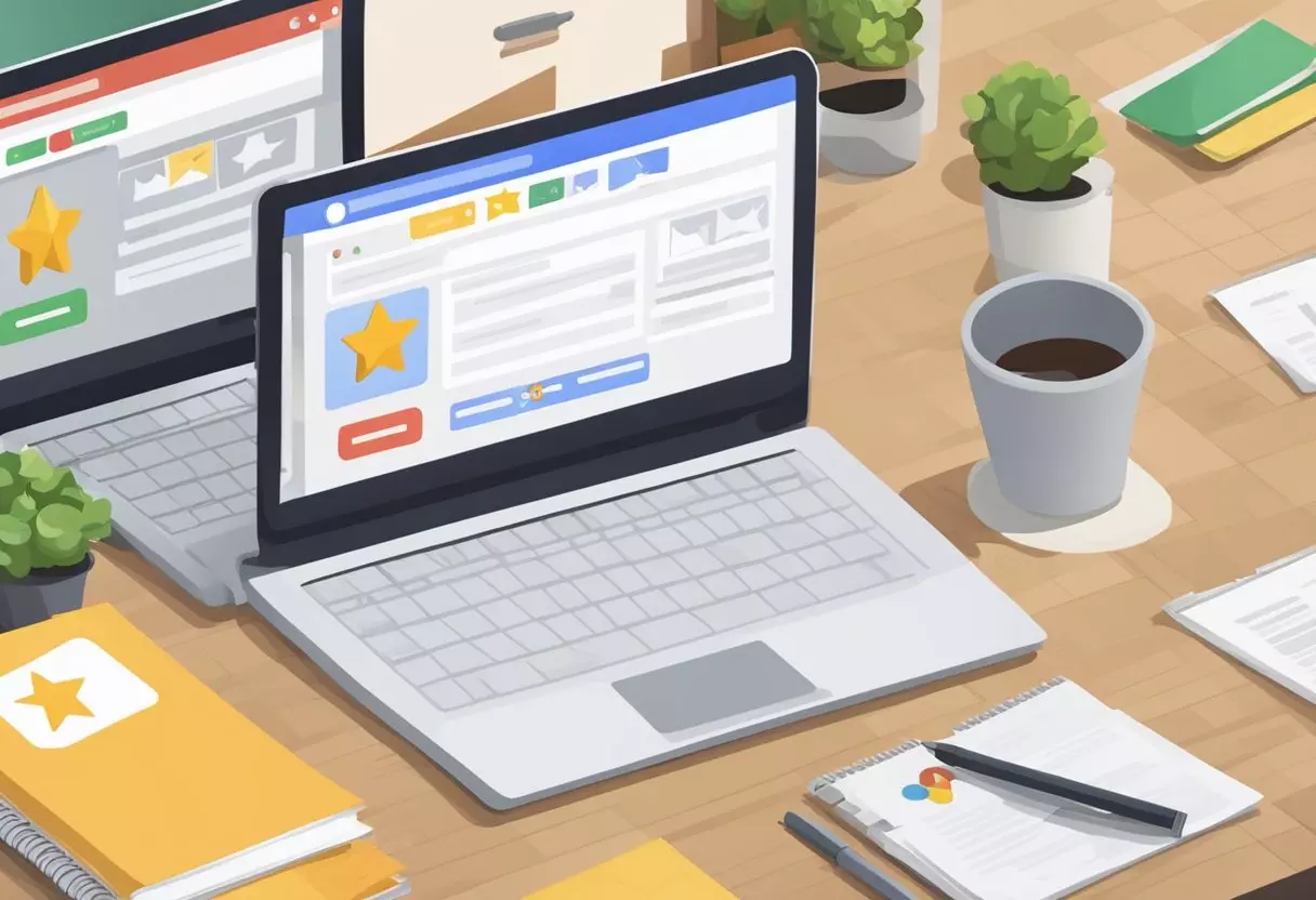 A laptop displaying Google Review and Yelp Reviews side by side on a table. The screen shows star ratings and written feedback for various businesses