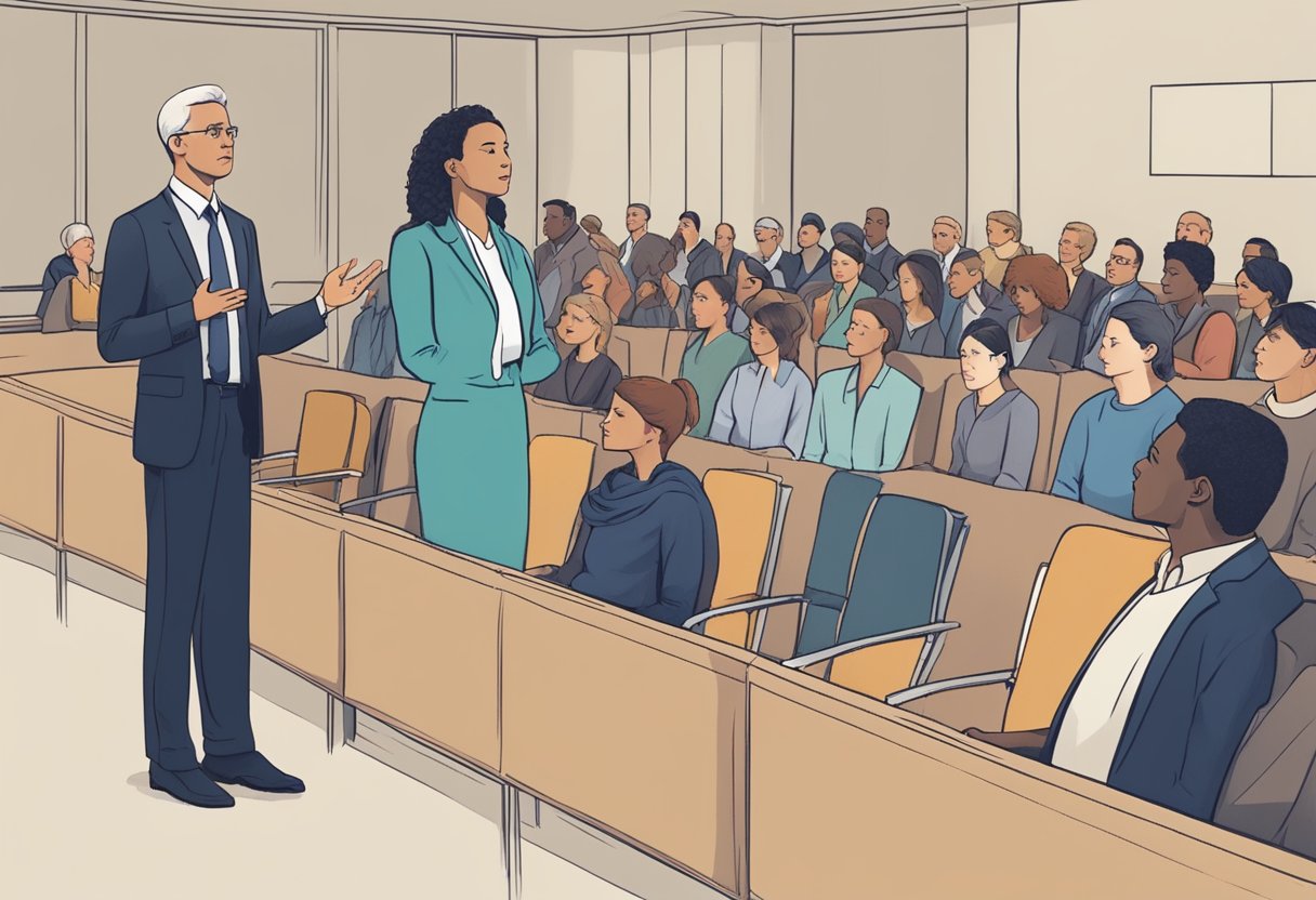 A person addressing a group, gesturing confidently, with a calm demeanor, while others listen attentively