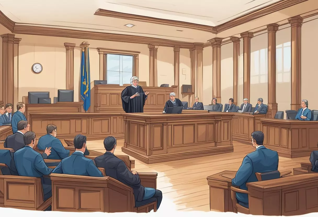 A courtroom with a judge presiding over a case involving fake reviews. Lawyers present evidence and argue their positions