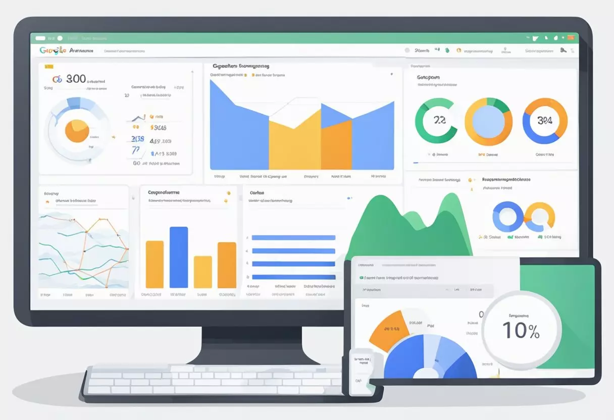 A computer screen displaying the Google Analytics dashboard with graphs and data related to local SEO performance