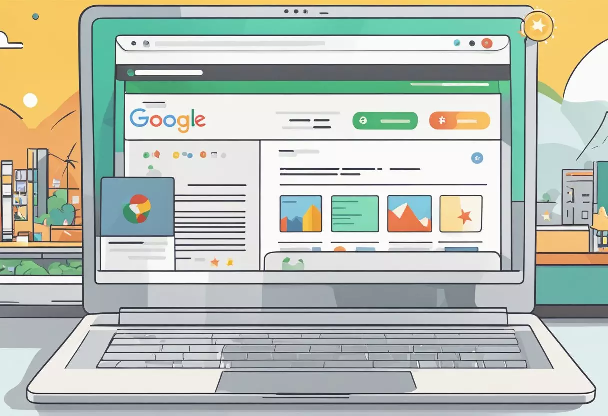 A laptop displaying Google and Yelp review pages side by side, with star ratings and written reviews visible