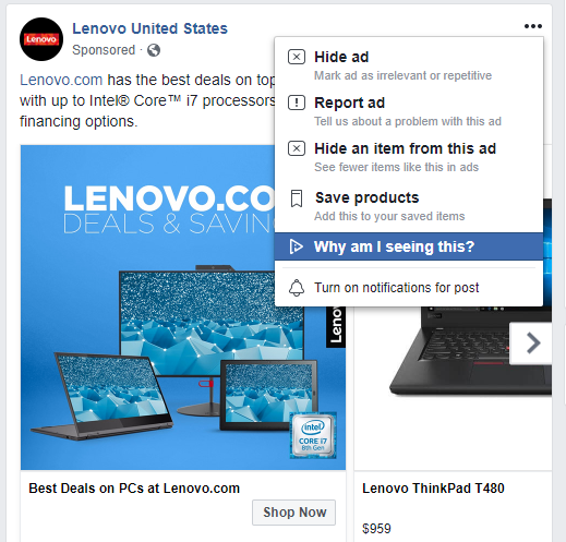 Facebook Why am I seeing this ad notification