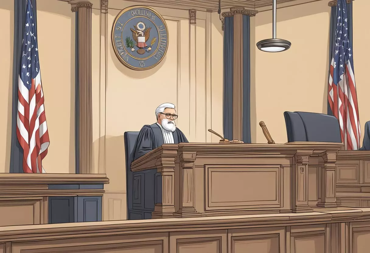A gavel striking a podium in a courtroom, with a judge and jury present