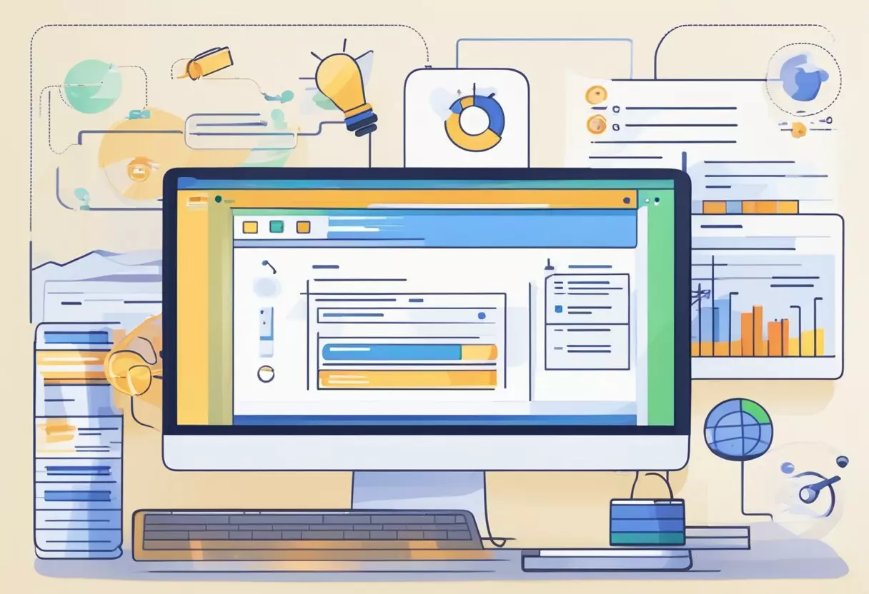 A computer screen displaying a search engine results page with highlighted keywords. A graph showing increased website traffic and a higher ranking