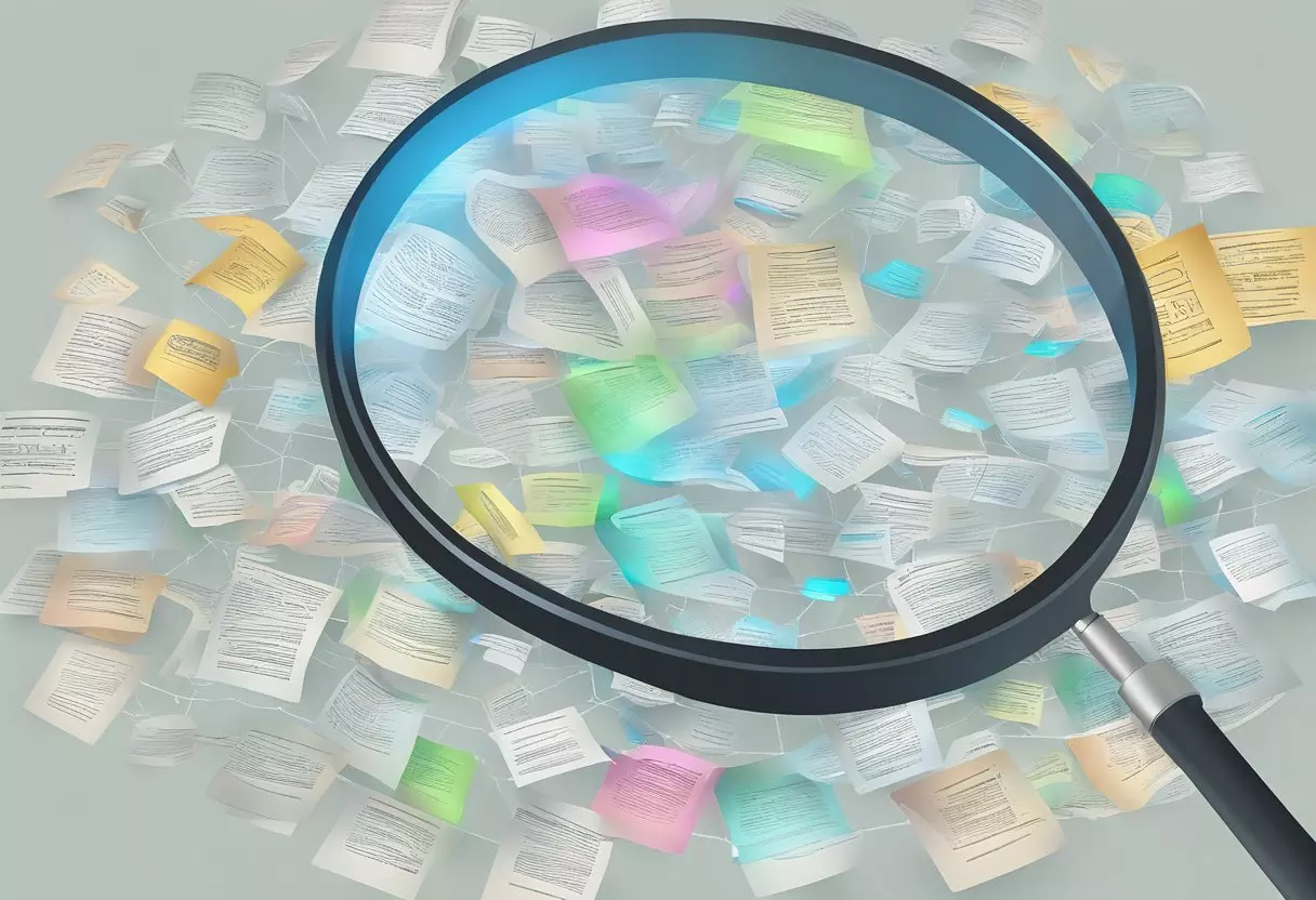 A magnifying glass hovers over a web of interconnected words, with some words glowing brighter than others