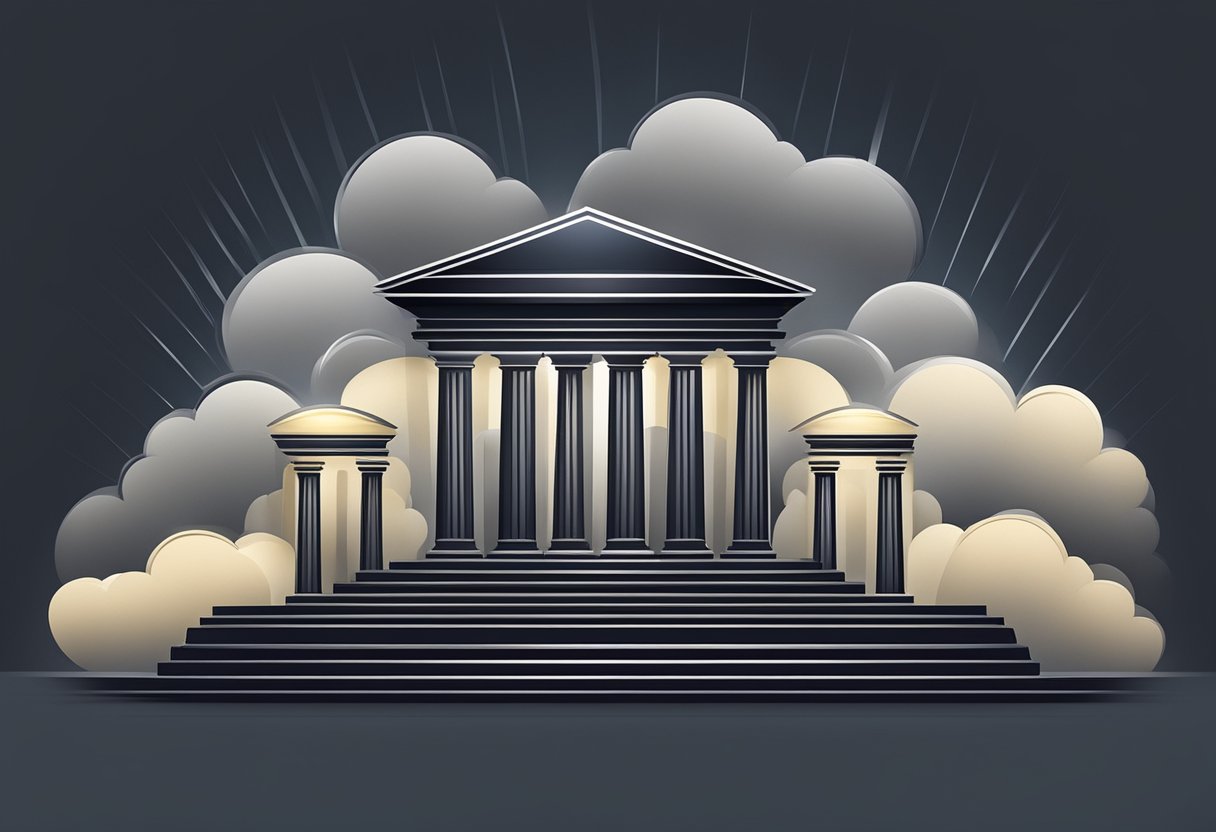 A law firm logo shining brightly above a dark stormy cloud, shielded by a group of strong pillars