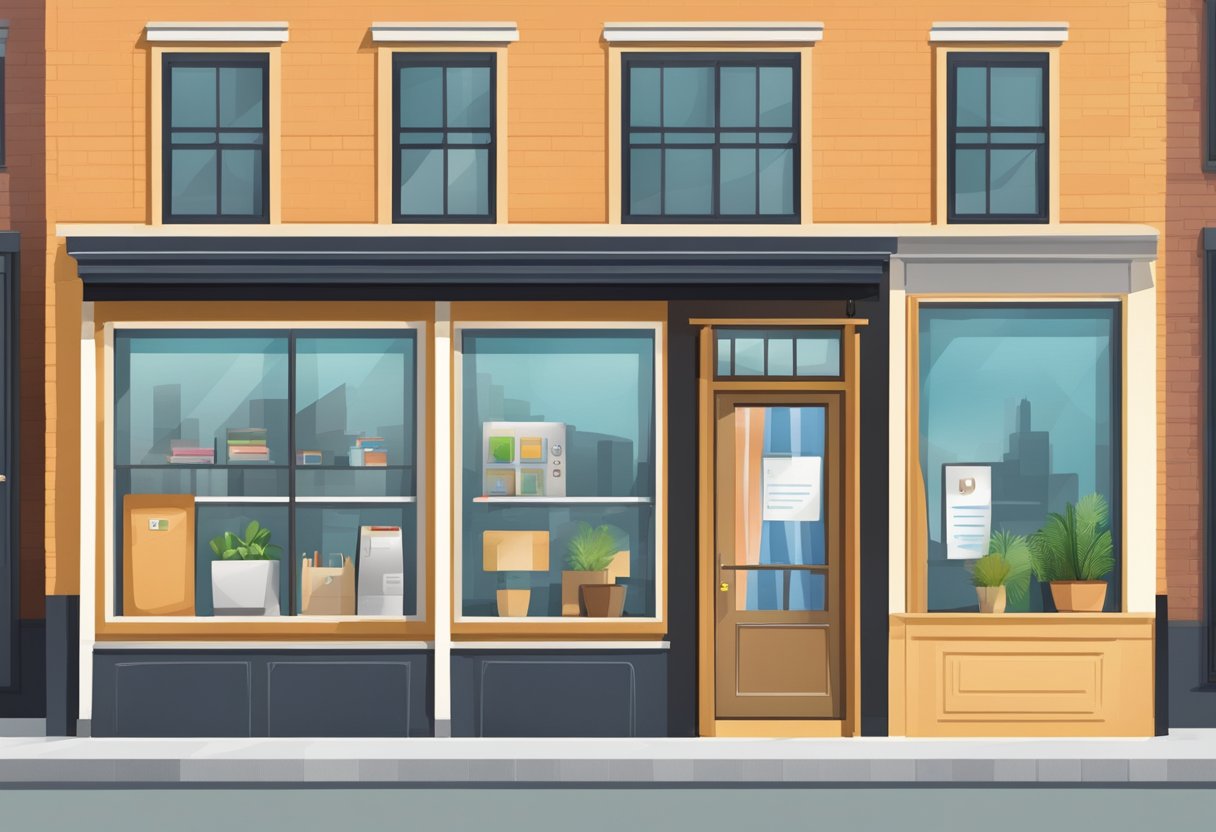 A storefront with a clear sign, address, and phone number. The building is surrounded by other businesses and has a visible entrance