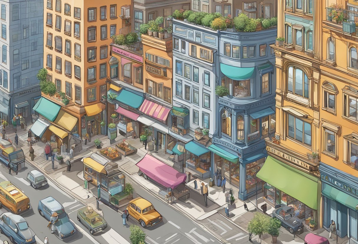 A bustling city street with various storefronts and buildings, each displaying their own unique local directories and listings