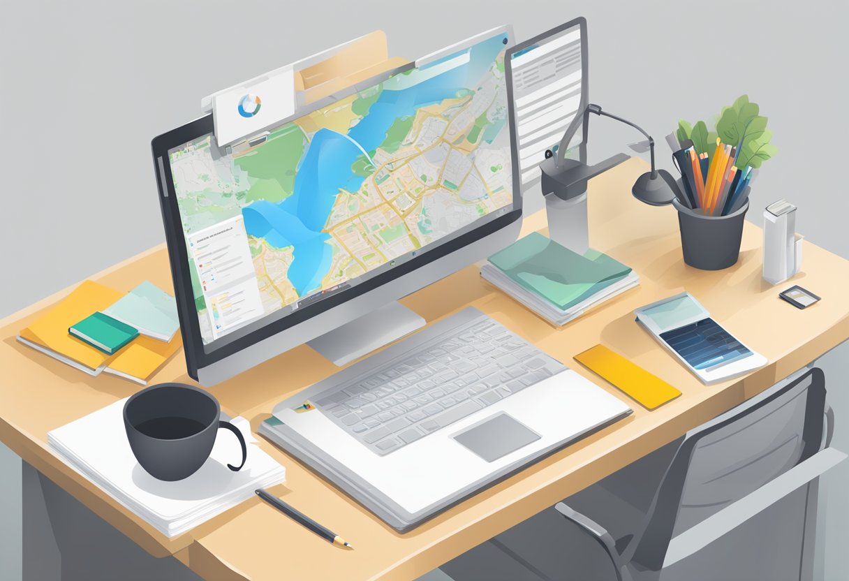 A desk with a computer, notebook, and pen. A map of a local area with highlighted keywords. An open browser with SEO tools