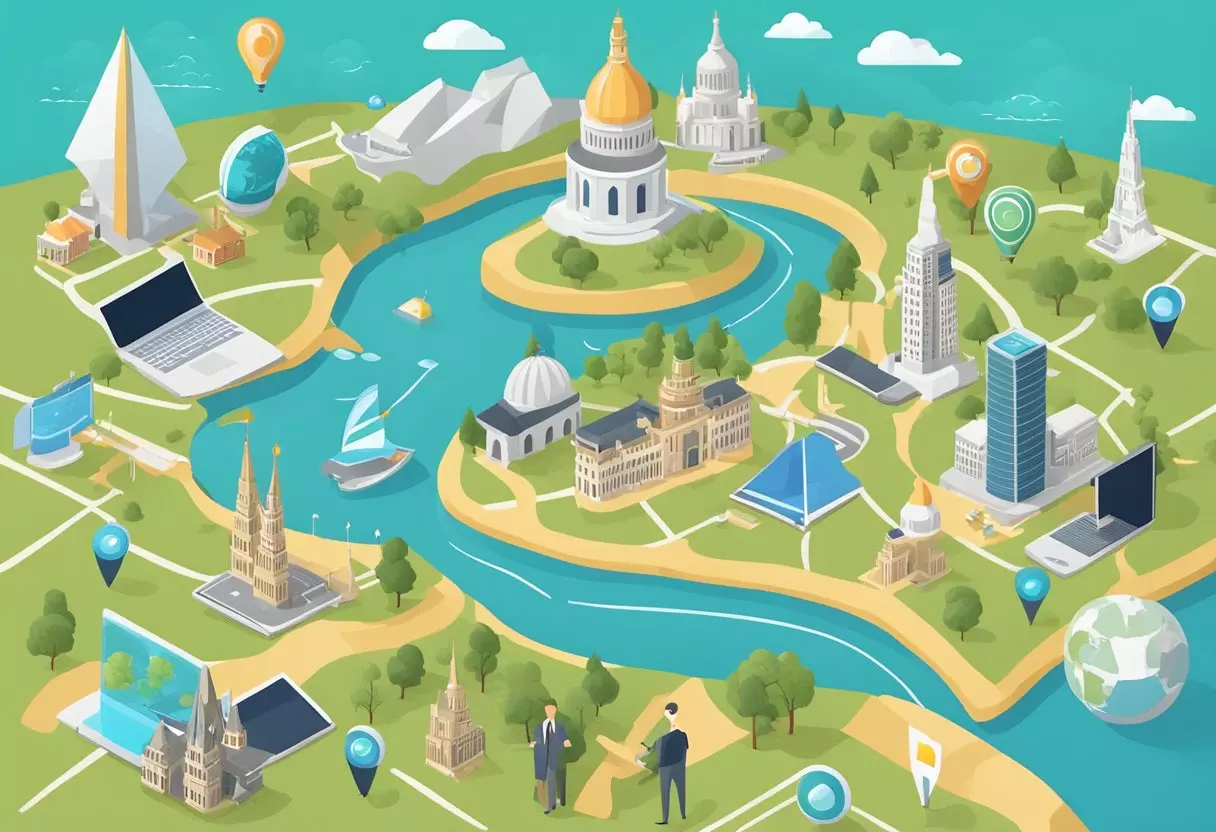 A map with various landmarks and icons representing different locations, surrounded by digital devices and content marketing materials