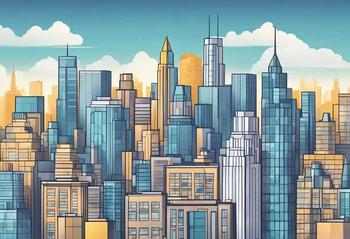 A city skyline with multiple family law firm buildings clustered closely together, with one standing out as the tallest and most prominent in the local pack rankings