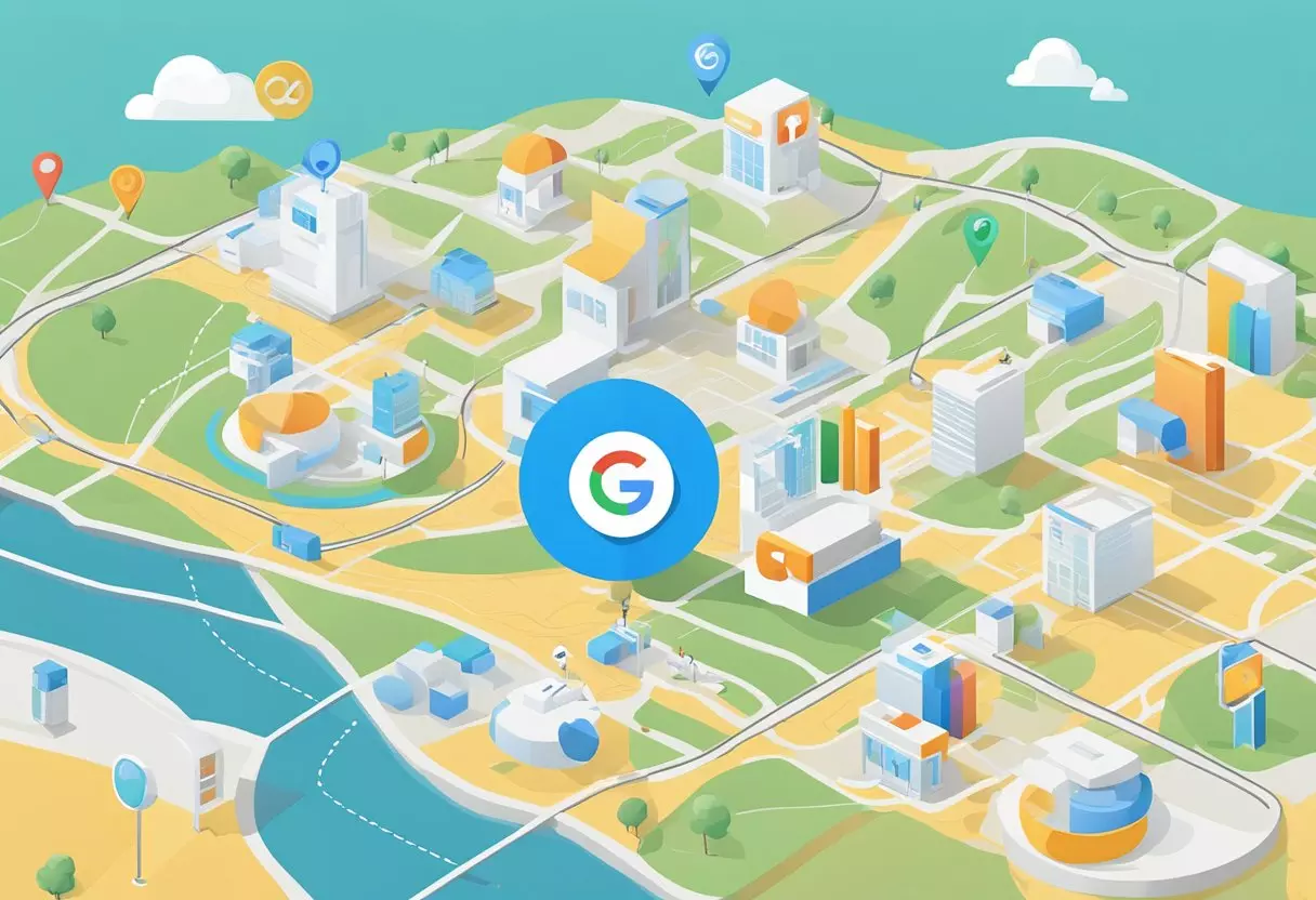 A computer screen displaying Google Analytics with a map of local search results and performance metrics