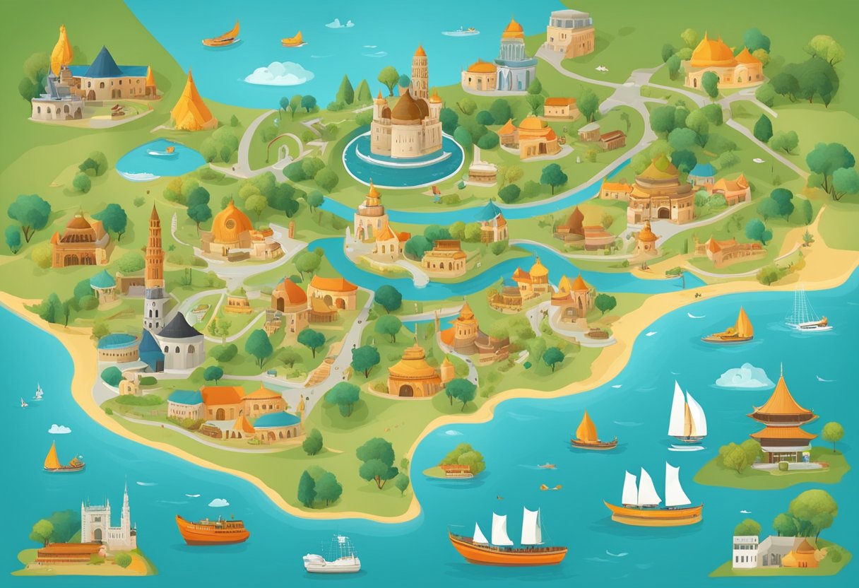 A map with different regions highlighted, each with unique cultural symbols and landmarks, surrounded by diverse local products and services