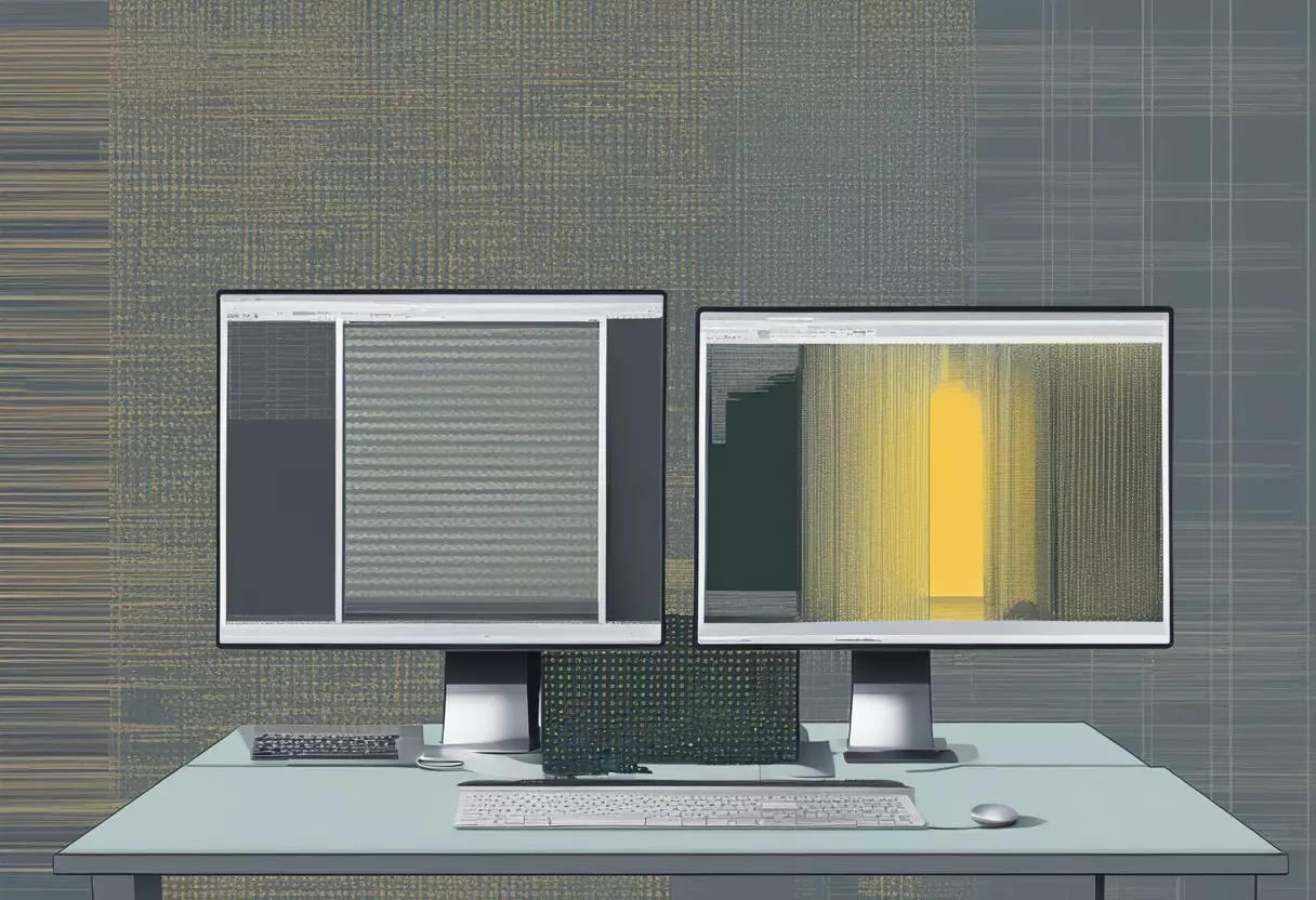 A computer screen split in half, one side showing uncompressed images, the other side displaying compressed images and minified code