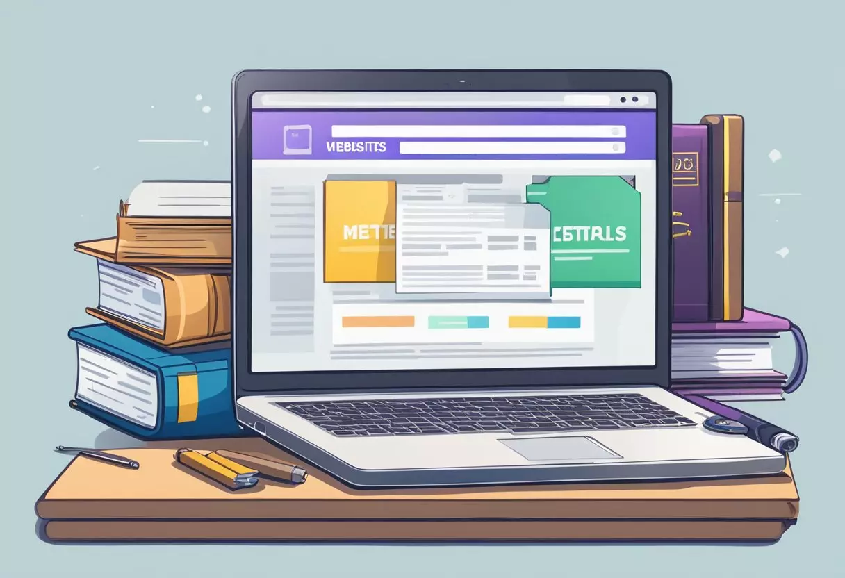 A laptop displaying a website's title tags and meta descriptions being optimized with keywords, surrounded by legal books and a gavel
