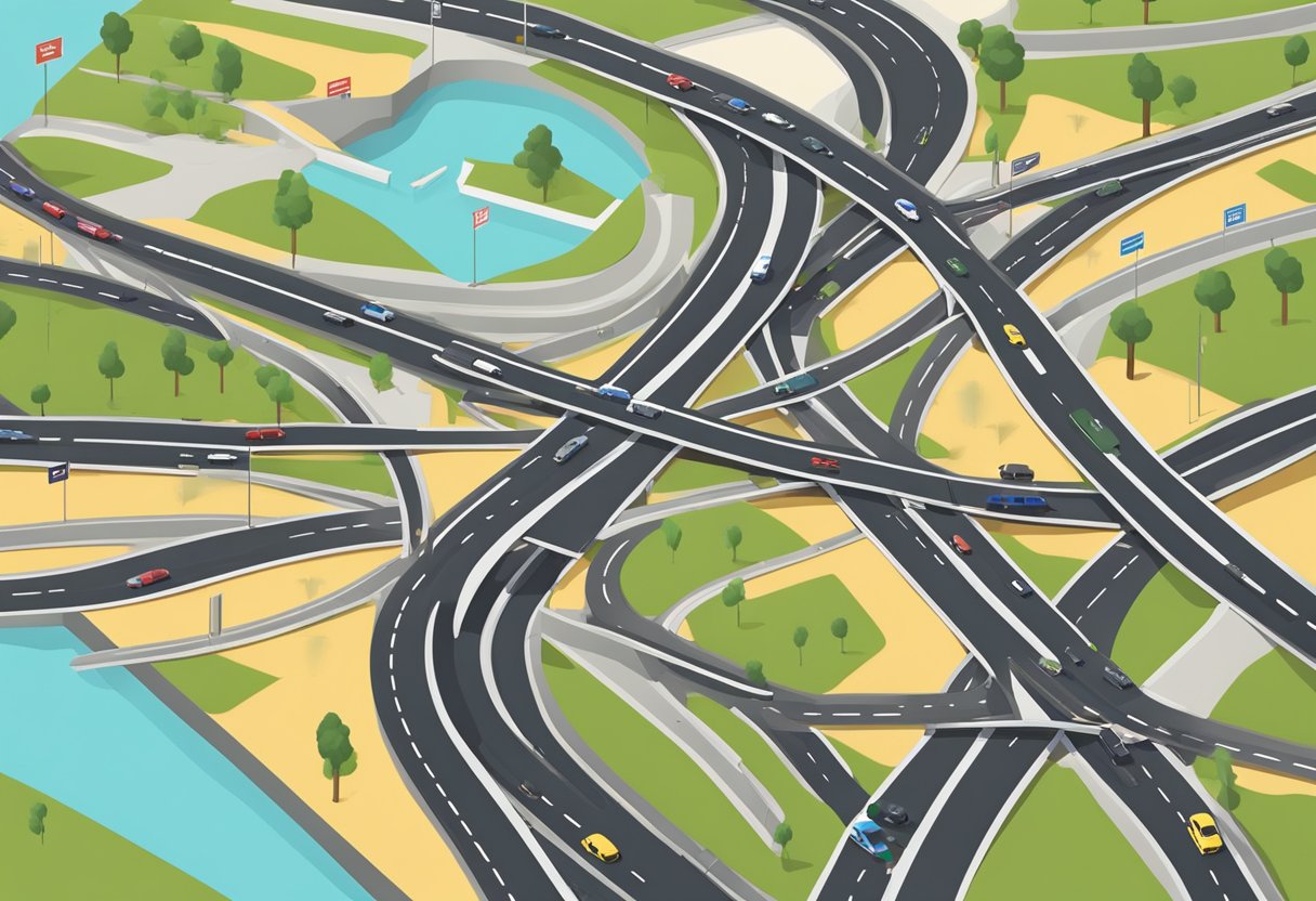 Various roads converging into a single point, with signs indicating different destinations. A map or globe in the background