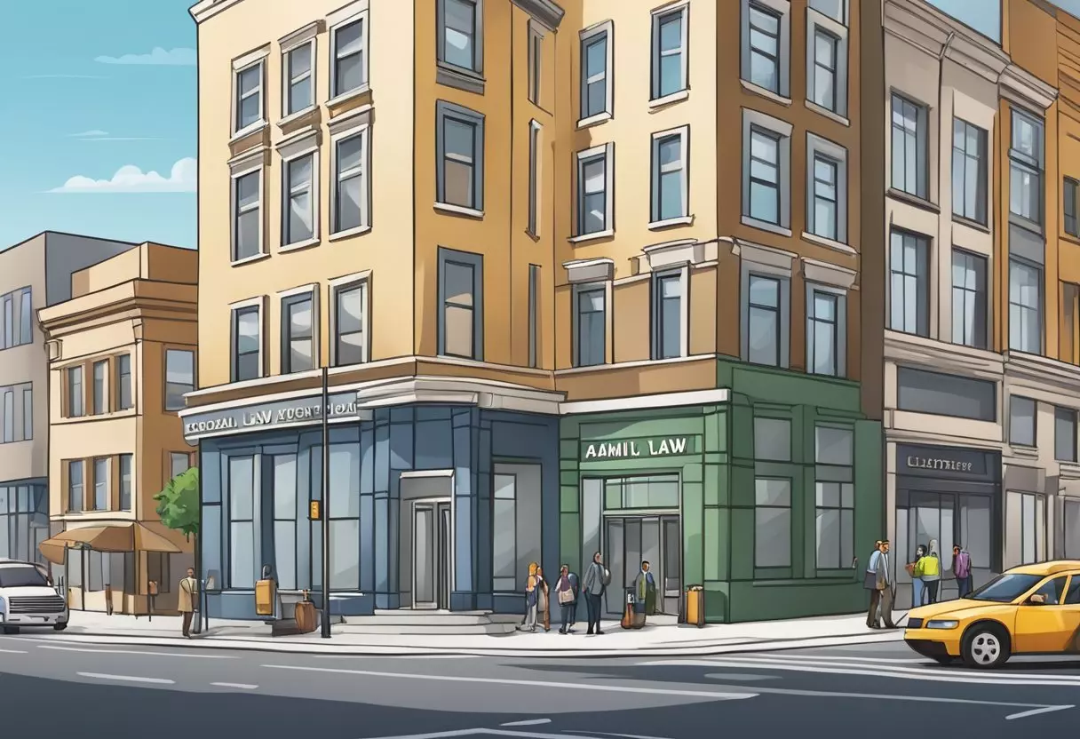 A family law office situated close to a courthouse, surrounded by other legal businesses and visible from a busy downtown street