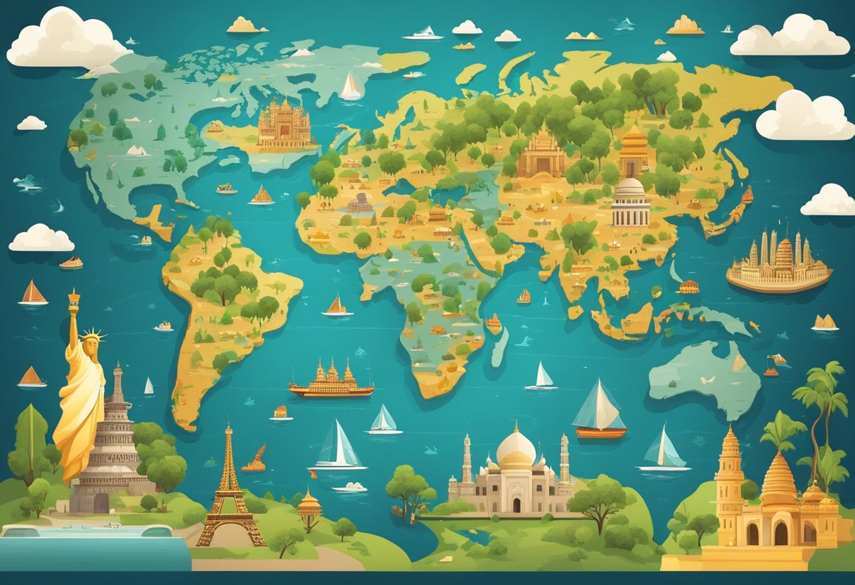 A world map with various cultural symbols and landmarks representing different regions, surrounded by diverse landscapes and cityscapes